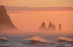 Reynisfjara beach, sunrise at Seastacks Reynisdrangar